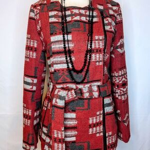 Takara Women's Aztec/Tribal Patterned Winter Belted Peacoat